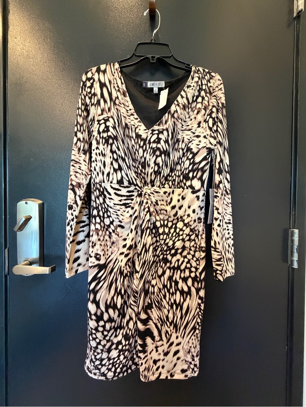 Jennifer Lopez Long Sleeve V-Neck Twist Dress in Black and Cream